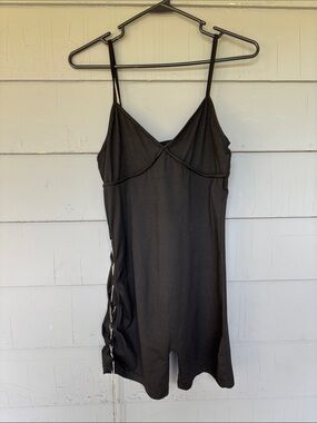 Black Spaghetti-Strap romper with side bling.